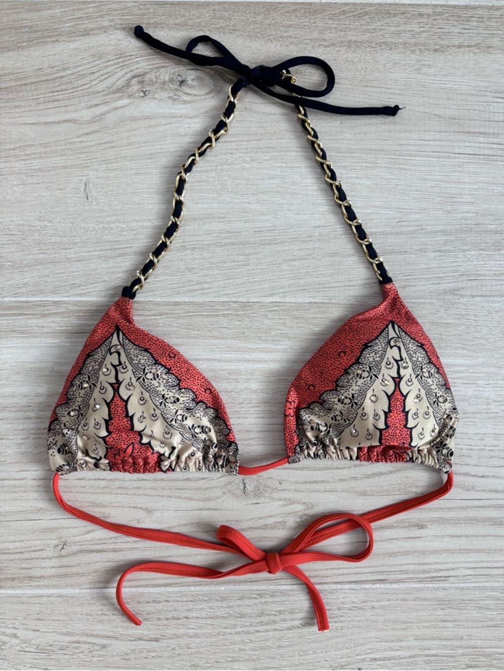 Sauvage California Bikini Swimsuit Top Orange and Black Chain Halter Medium